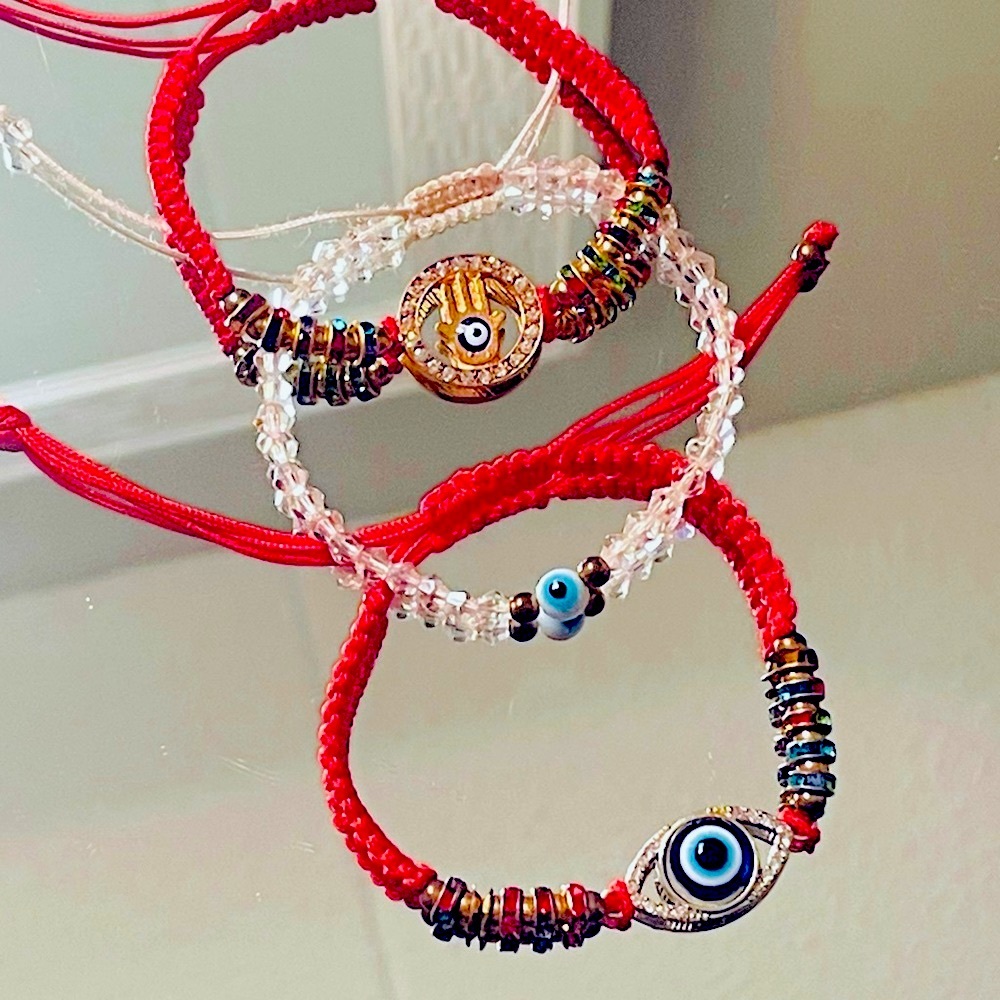 Set of 3 handmade Evil Eye 🧿 adjustable bracelets 2 red 1 crystal beads NWOT